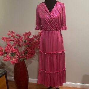 Elegant Fuchsia Pink Tiered Wrap-Style Midi Dress